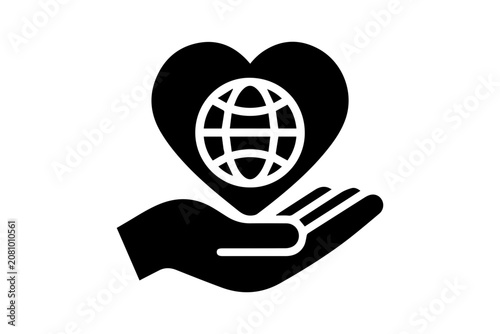 Black icon of a hand holding a heart with the earth Vector, illustration