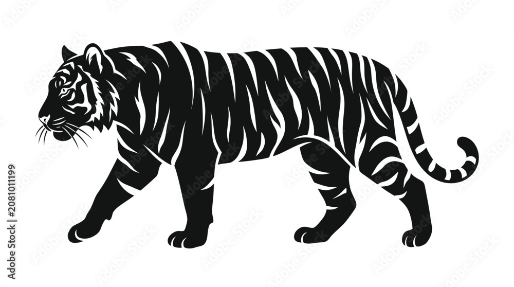 Obraz premium Black silhouette of a walking tiger graphic vector illustration