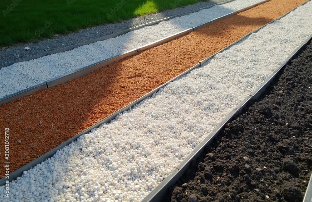 Fototapeta premium Metal garden edging separates rows of white orange and grey gravel with dark soil and green grass. Landscaping material beds show contrast in ground.