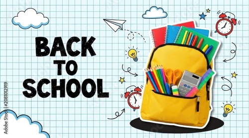 Back to school text banner with yellow backpack filled with stationery. School supplies concept on blue grid background with doodles.