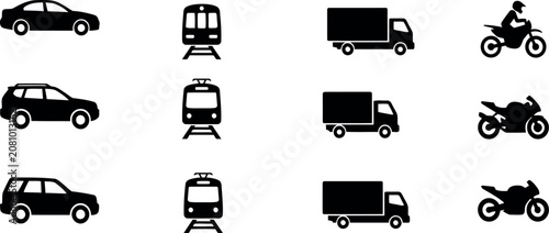 Collection of transportation vehicle icons including cars trucks trains and motorcycles