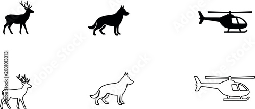 Black and white animal and helicopter silhouette illustrations