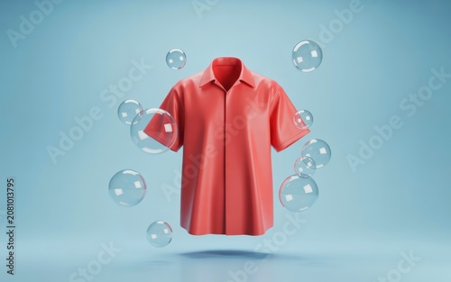 Pink Shirt with Floating Soap Bubbles on Light Blue Background for Laundry Concept
