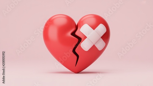 Broken Red Heart with Bandage on Pink Background for Love and Care Concepts
