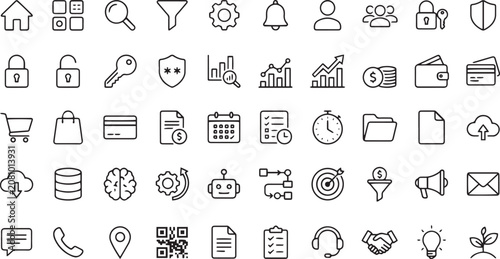 50 most used modern icon symbols for free. Interface symbols, business, finance, commerce, marketing, web design.