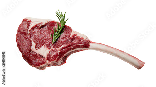 Photography Raw tomahawk steak with rosemary sprig, isolated on transparent background