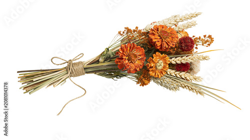 Quadro su tela Dried floral bouquet with orange flowers and wheat stalks tied with twine, isola