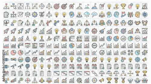 Icons Representing Business Strategy Concepts in a Colorful Grid Featuring Concept, Illustration, Vector with Symbol and Design