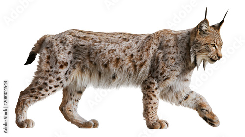 Photography Eurasian lynx with spotted fur walking, isolated on transparent background
