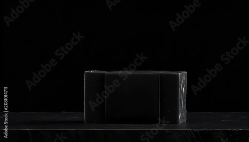Charcoal and ash soap, dark background, accent lighting, men's cosmetics, harsh aesthetics