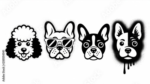 Cartoon dog faces in black and white, illustration of four breeds with different styles