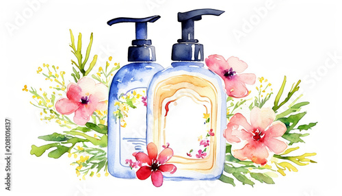 Watercolor bottle of scented hand soap with flowers around