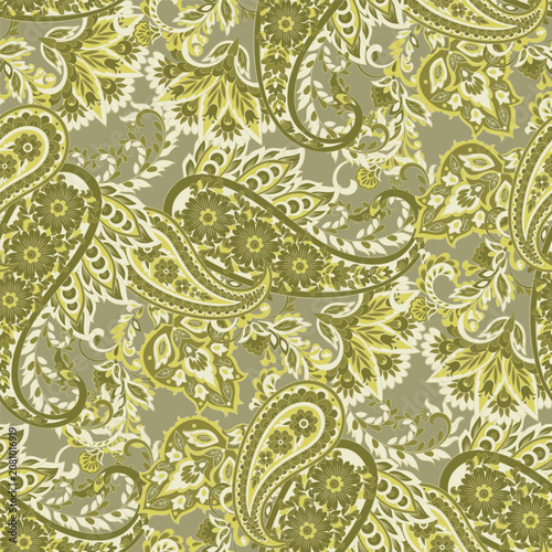 Vector Seamless Pattern with Ornamental Paisley and Flowers