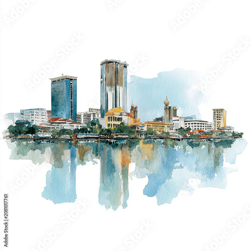 Malaysian Urban Street with High Rise Buildings Watercolor Illustration generative ai