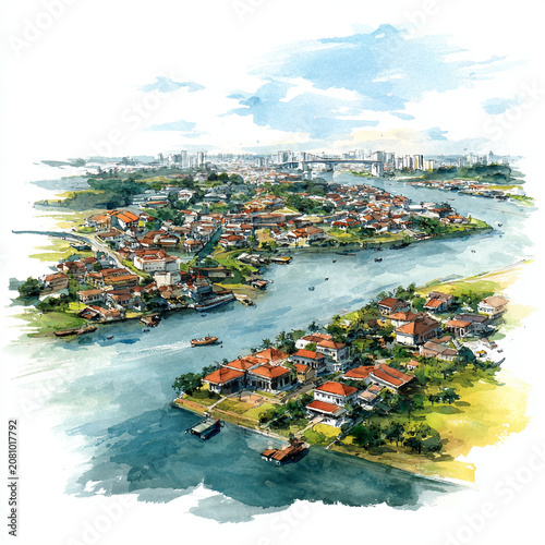 Watercolor Aerial View of Malaysian Riverside Village and Cityscape generative ai