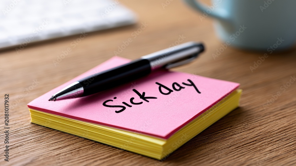 Fototapeta premium Sick day note on a wooden desk with a pen