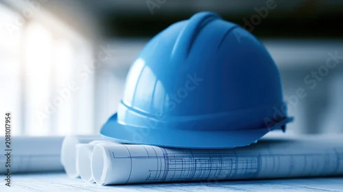 Fototapeta na wymiar Blue construction hard hat resting on architectural blueprints
