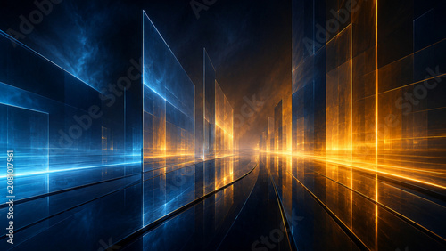Couloir de verre futuriste bleu et or avec reflets