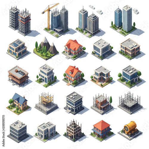 Bild auf Leinwand Isometric 3D collection of architectural building icons and construction sites