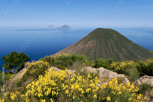 SALINA ISLAND, ITALY - JUNE, 2026: Scenic panoramic view from the summit of Monte Fossa delle Felci over Monte dei Porri volcano in the Aeolian archipelago