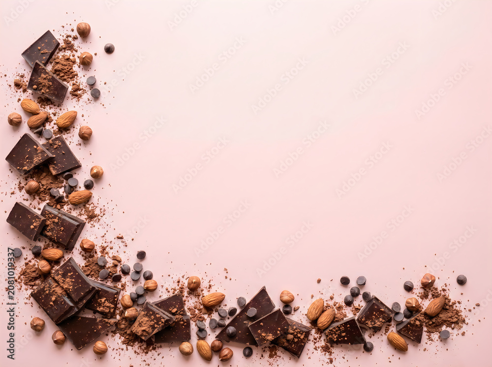 Obraz premium Chocolate pieces, nuts and chocolate chips on pink background with cocoa powder