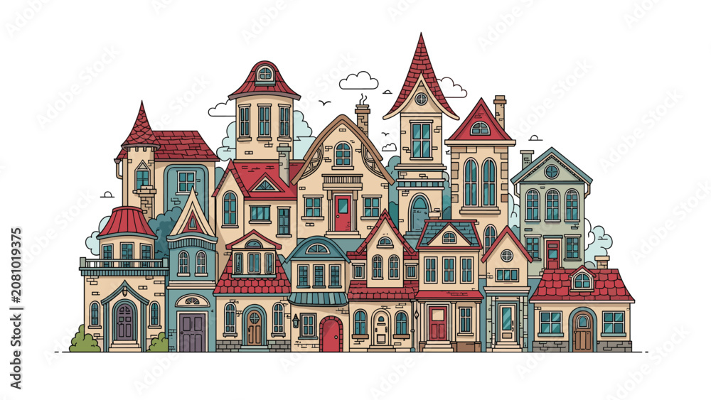 Naklejka premium Colorful collection of whimsical houses and tall buildings with red roofs creates a charming and dense European town landscape.