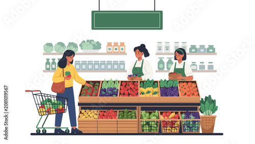 Female customer picking fresh vegetables at a grocery store while two shop assistants in green aprons stand behind the counter.