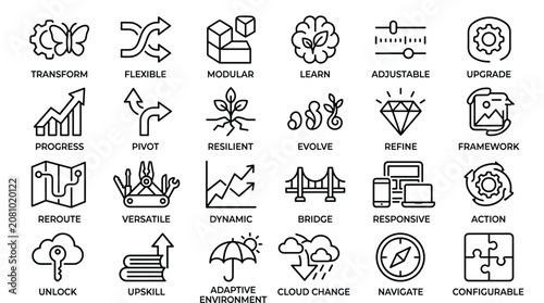 Collection of linear icons representing abstract business concepts and strategic management processes for visual communication in corporate training documentation.
