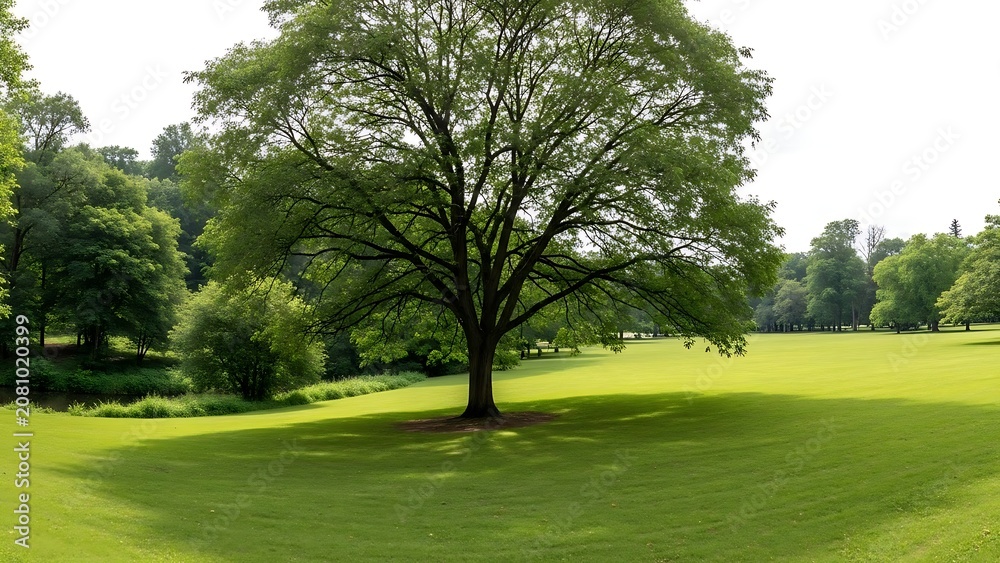 Obraz premium Large tree standing alone on a green grassy field surrounded by other trees