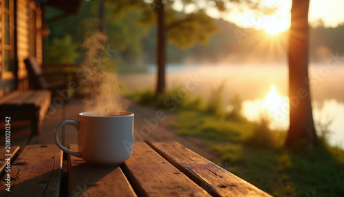 Steaming mug of hot coffee on wooden porch table at sunrise. Peaceful lake landscape with cabin and trees. Morning beverage offers calm start to day.