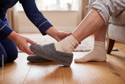 Caregiver supports older man while putting on soft slipper indoors, showing close hand care, foot assistance, cozy home setting, and practical senior mobility help beside chair on wooden floor