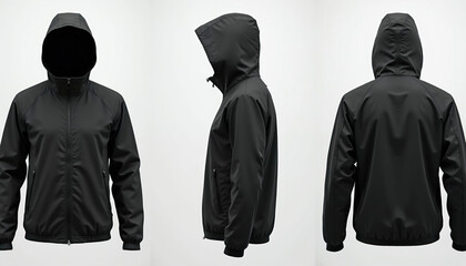 Black hooded jacket shown from front side and back. This versatile windbreaker is perfect for customization with logos or prints. Ideal for sportswear or casual wear.