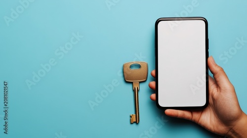 Image content A hand holding a smartphone with a blank (white) screen. A goldbrass key is placed next to the phone on a light blue background. Composition Top-downflat lay style,