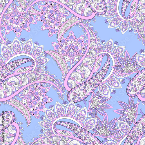 Vector seamless paisley pattern with floral details, perfect for textiles and decor.