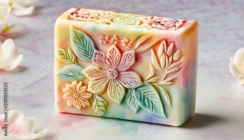 Watercolor soap with embossed floral patterns, pastel wash background