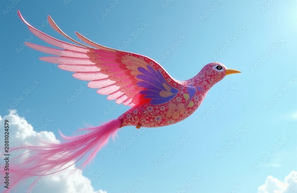 Obraz premium Pink patterned bird kite soars against blue sky. Delicate translucent wings catch light. Long feathery tail streams behind in gentle breeze. Bright, cheerful, whimsical.
