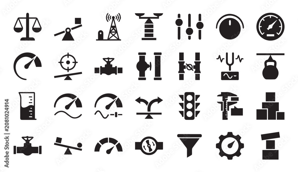 Obraz premium Industrial measurement and technical control icons set with measurement