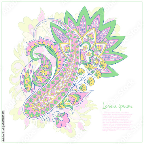 Floral isolated pattern with paisley ornament. Ornate floral decor. Vector illustration