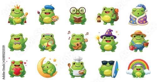 Canvastavla Cute cartoon frog character vector icon set with little frogs in different profe