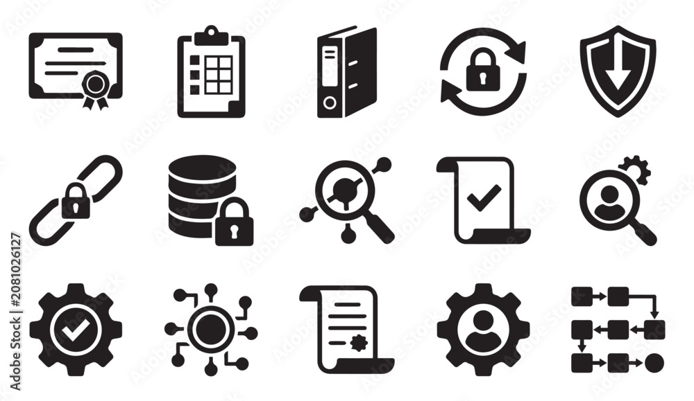 Fototapeta premium Business management and cybersecurity icon set with document and lock symbols