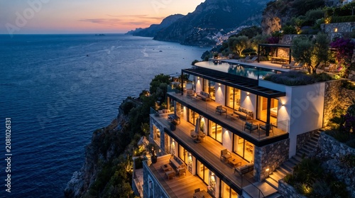 Luxury cliffside villa, modern architecture, oceanfront estate, sunset views