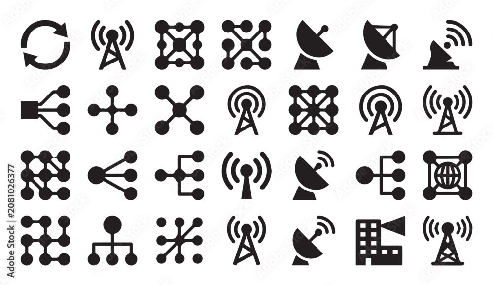Fototapeta premium Telecommunication and network connection technical icon set with connection