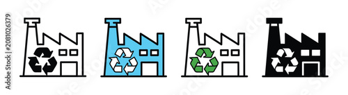 Recycling factory vector icon set, industrial waste recycling facility symbols with eco management illustrations in multiple styles for green sustainability.