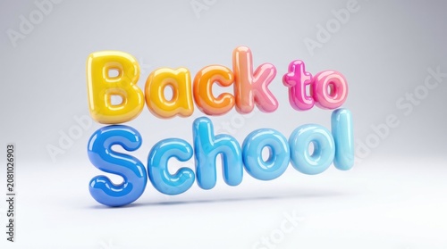 Back to school 3D glossy balloon text style typography. Colorful plastic bubble letters concept isolated on neutral gray background.