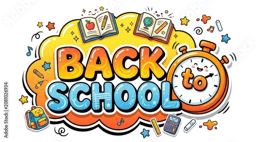 Back to school text banner with cute cartoon doodles and alarm clock. Educational icons layout with books, backpack and pencils for school promotion.
