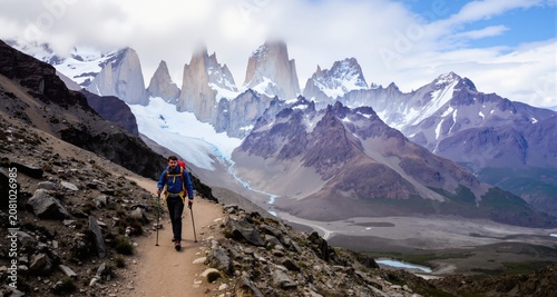 Man hiking on mountain of Torres Del Paine National Park, Patagonia, South America
