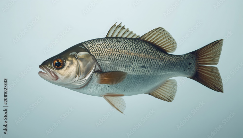 Fototapeta premium Freshwater fish with silver scales and orange fins swimming against a light blue background, showcasing its streamlined body and distinct features