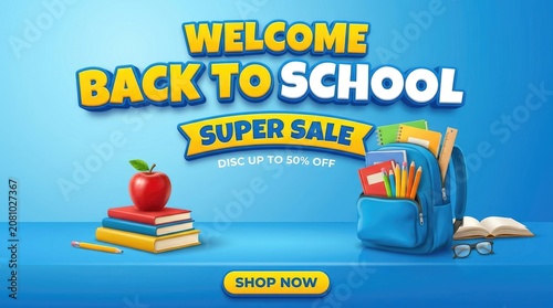 Welcome back to school super sale promotional banner. Blue background with school bag, stack of books, apple and discount text.