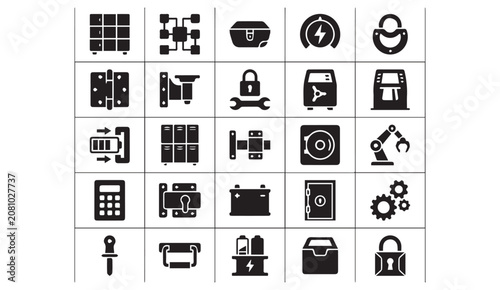 Industrial storage security and mechanical engineering icon set with industrial