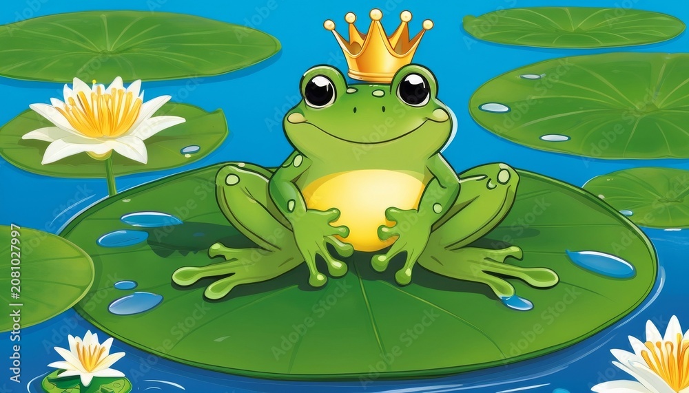Fototapeta premium frog prince sitting on lily pad, humorous children’s illustration